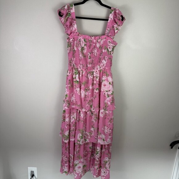 August Sky Women’s Smocked Midi Dress Pink Floral Tiered Ruffle Sleeveless L - Picture 7 of 10